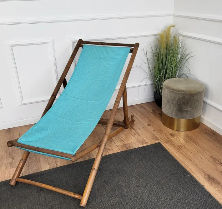 Pamono Transat Folding Deck Chair in Bamboo Wood and Fabric, 1970s Best
