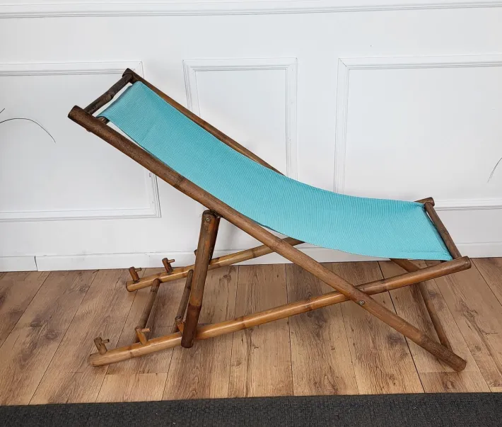 Pamono Transat Folding Deck Chair in Bamboo Wood and Fabric, 1970s Best