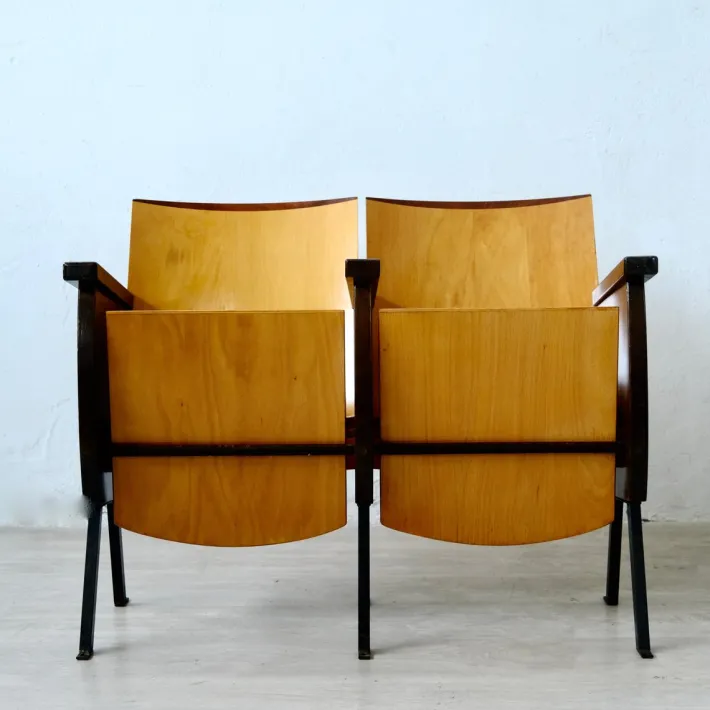 Pamono Two-Seater Cinema Armchair Bench in Numbered Two-Tone Wood, 1960s Hot