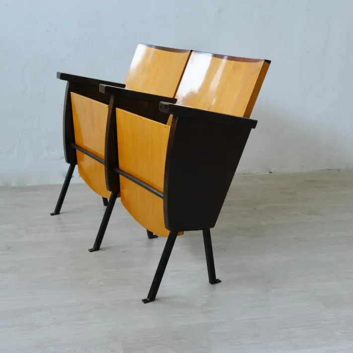 Pamono Two-Seater Cinema Armchair Bench in Numbered Two-Tone Wood, 1960s Hot