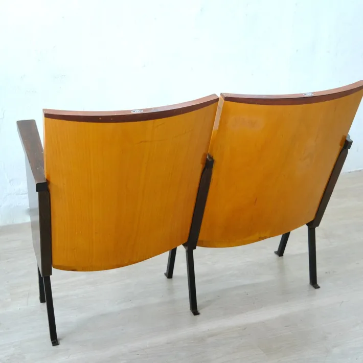 Pamono Two-Seater Cinema Armchair Bench in Numbered Two-Tone Wood, 1960s Hot