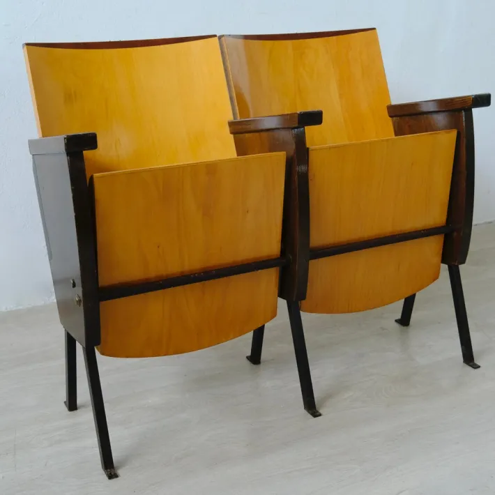 Pamono Two-Seater Cinema Armchair Bench in Numbered Two-Tone Wood, 1960s Hot