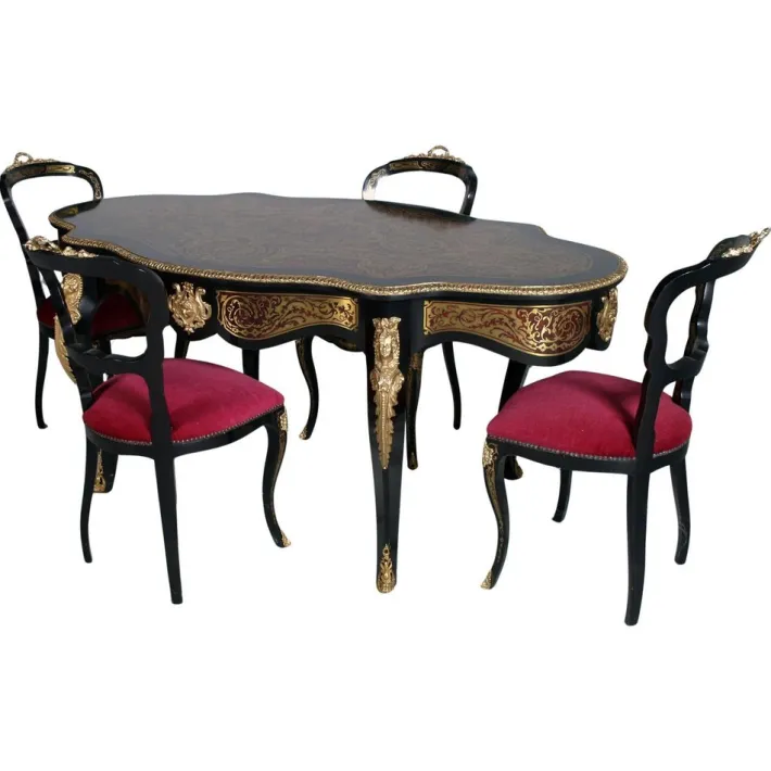 Pamono Venetian Country Villa Baroque Boulle Dining Table and Chairs, France, 1880s, Set of 5