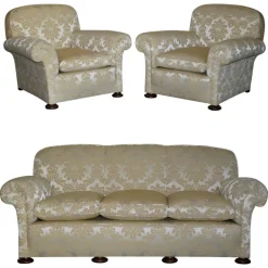 Pamono Victorian Damask Upholstery Sofa & Armchair Club Suite with Turned Bun Feet, Set of 3 Sale