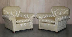 Pamono Victorian Damask Upholstery Sofa & Armchair Club Suite with Turned Bun Feet, Set of 3 Sale