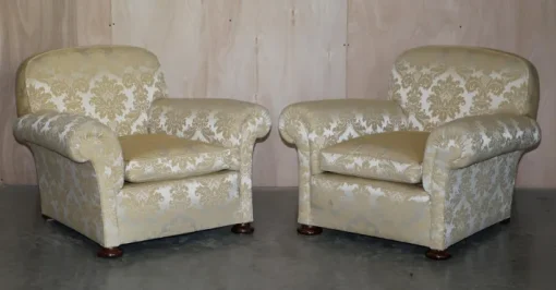 Pamono Victorian Damask Upholstery Sofa & Armchair Club Suite with Turned Bun Feet, Set of 3 Sale