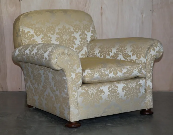 Pamono Victorian Damask Upholstery Sofa & Armchair Club Suite with Turned Bun Feet, Set of 3 Sale