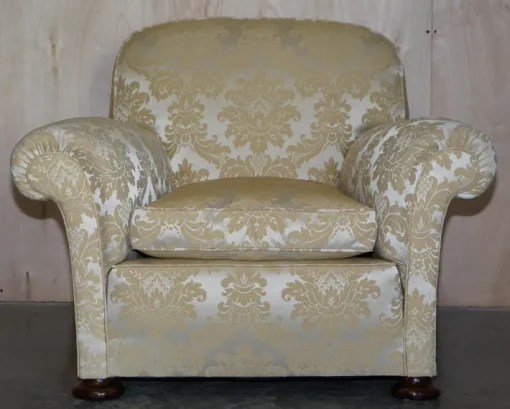 Pamono Victorian Damask Upholstery Sofa & Armchair Club Suite with Turned Bun Feet, Set of 3 Sale