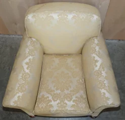 Pamono Victorian Damask Upholstery Sofa & Armchair Club Suite with Turned Bun Feet, Set of 3 Sale