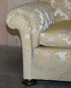 Pamono Victorian Damask Upholstery Sofa & Armchair Club Suite with Turned Bun Feet, Set of 3 Sale