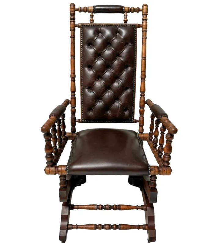 Pamono Victorian English Rocking Chair with Leather Upholstery, 1890s New