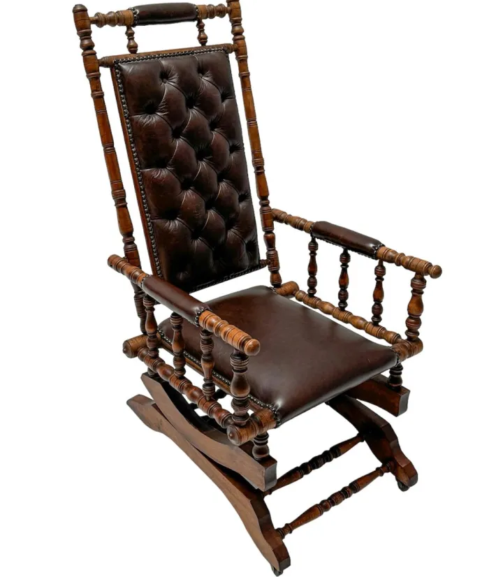 Pamono Victorian English Rocking Chair with Leather Upholstery, 1890s New
