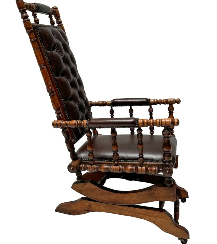 Pamono Victorian English Rocking Chair with Leather Upholstery, 1890s New