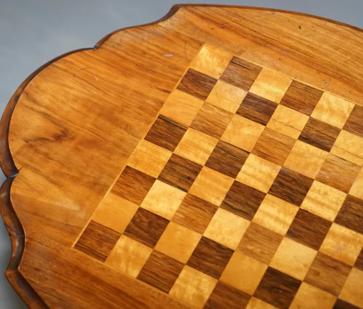 Pamono Victorian Inlaid Walnut & Hardwood Chess Table with Ornate Legs, 1880s Sale