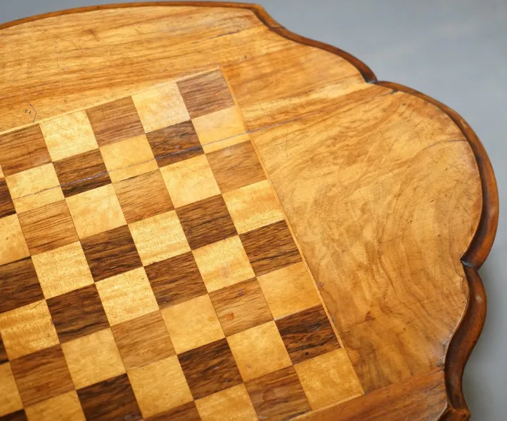 Pamono Victorian Inlaid Walnut & Hardwood Chess Table with Ornate Legs, 1880s Sale