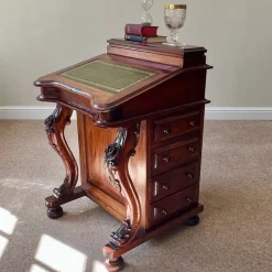 Pamono Victorian Mahogany Davenport Desk with Leather Writing Surface and Carved Floral Rosettes, England, 1850s Sale