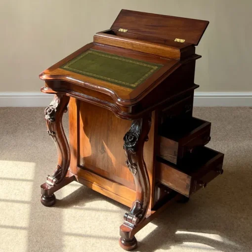 Pamono Victorian Mahogany Davenport Desk with Leather Writing Surface and Carved Floral Rosettes, England, 1850s Sale