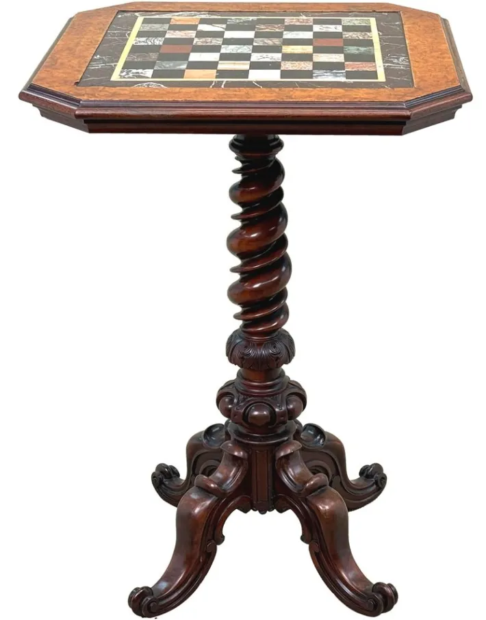 Pamono Victorian Walnut and Specimen Marble Chess Table, 1860 New