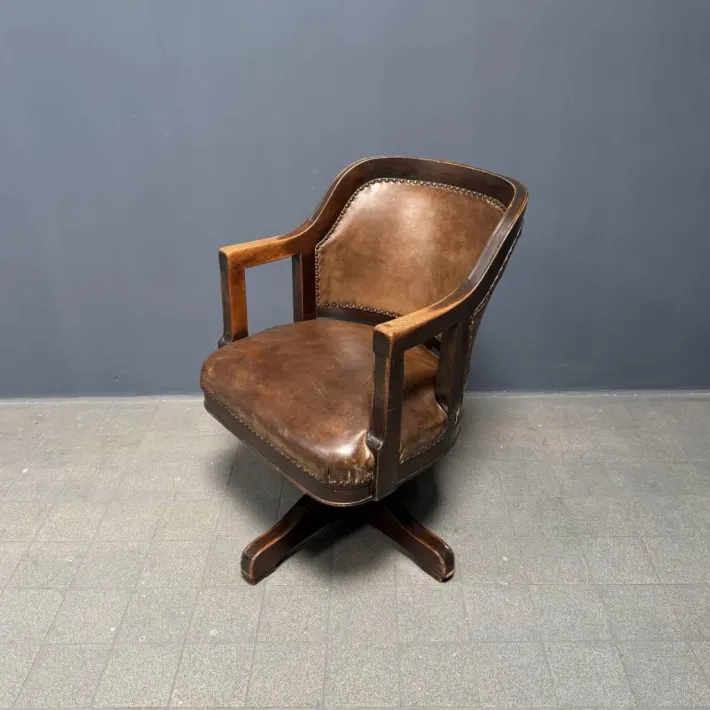 Pamono Vintage American Wood and Leather Desk Chair, 1920s New