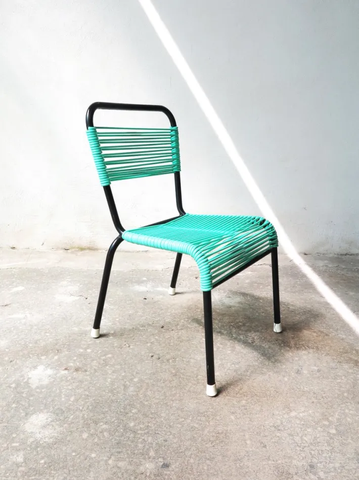 Pamono Vintage Aquamarine Green PVC Laces and Black Tubular Metal Childrens Chair, 1970s