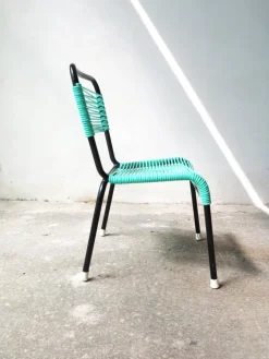 Pamono Vintage Aquamarine Green PVC Laces and Black Tubular Metal Childrens Chair, 1970s