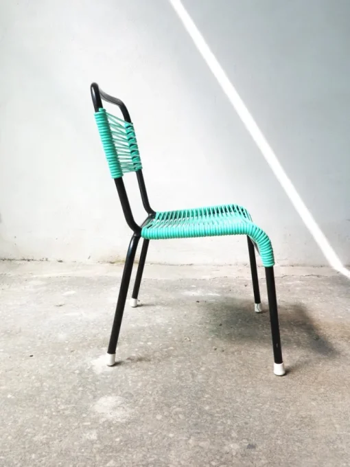 Pamono Vintage Aquamarine Green PVC Laces and Black Tubular Metal Childrens Chair, 1970s