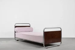 Pamono Vintage Art Deco Bauhaus Streamline Burled Wood & Tubular Steel Bed, 1920s Best