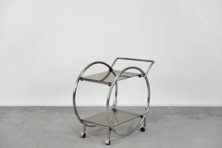 Pamono Vintage Art Deco Chrome and Glass Round Bar Cart, 1930s Clearance