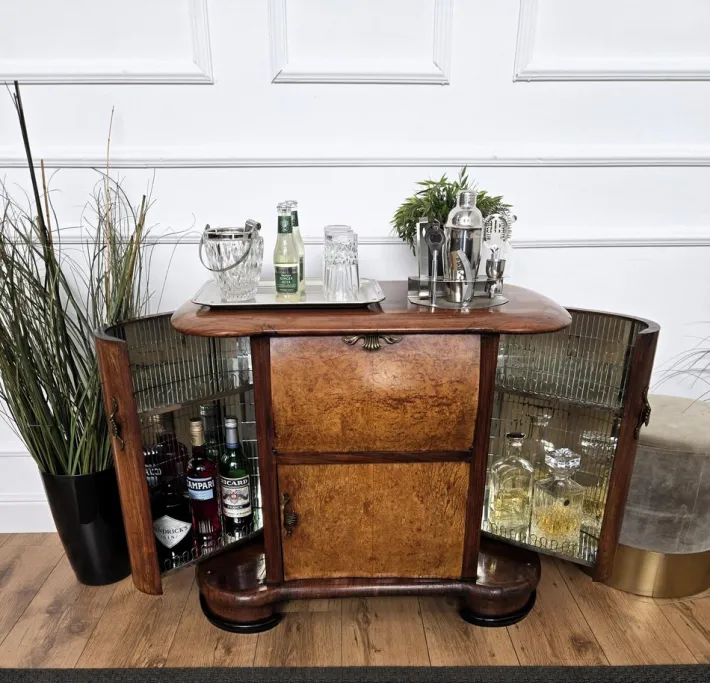Pamono Vintage Art Deco Italian Walnut Burl and Mirror Mosaic Dry Bar Cabinet by Paolo Buffa, 1950s Outlet