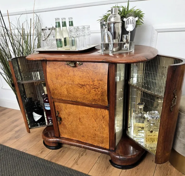 Pamono Vintage Art Deco Italian Walnut Burl and Mirror Mosaic Dry Bar Cabinet by Paolo Buffa, 1950s Outlet