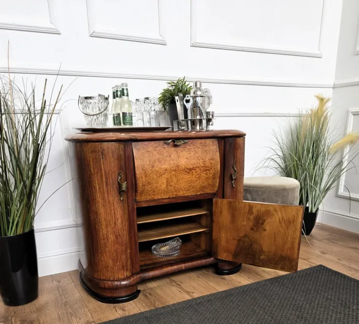 Pamono Vintage Art Deco Italian Walnut Burl and Mirror Mosaic Dry Bar Cabinet by Paolo Buffa, 1950s Outlet