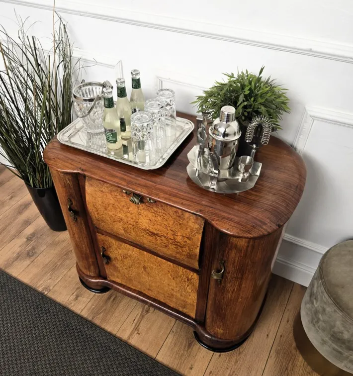 Pamono Vintage Art Deco Italian Walnut Burl and Mirror Mosaic Dry Bar Cabinet by Paolo Buffa, 1950s Outlet
