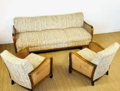 Pamono Vintage Art Deco Living Room Set in Curved Wood and Cane, 1950, Set of 3 Outlet