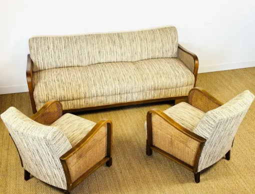 Pamono Vintage Art Deco Living Room Set in Curved Wood and Cane, 1950, Set of 3 Outlet