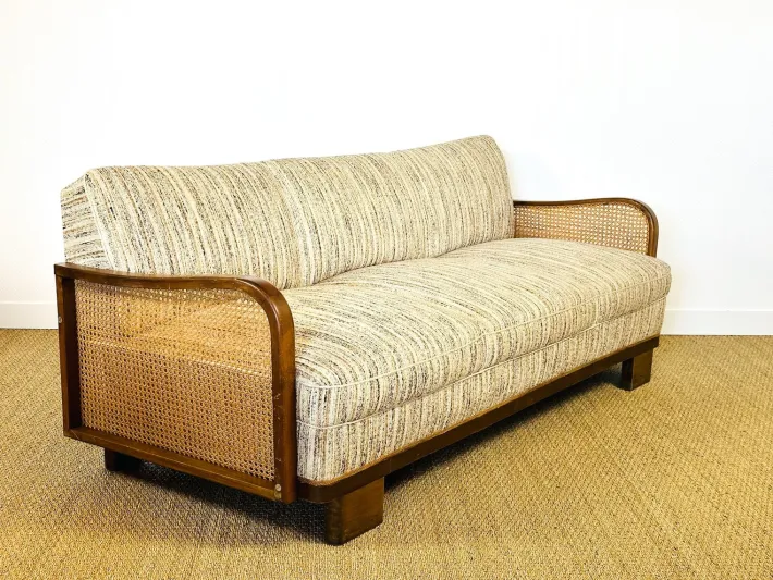 Pamono Vintage Art Deco Living Room Set in Curved Wood and Cane, 1950, Set of 3 Outlet