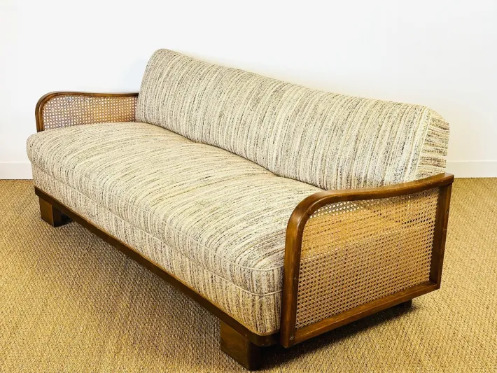 Pamono Vintage Art Deco Living Room Set in Curved Wood and Cane, 1950, Set of 3 Outlet