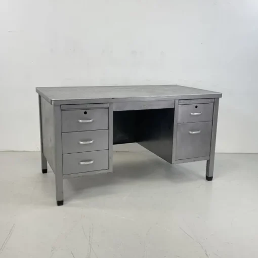 Pamono Vintage Art Metal Double Pedestal Polished Steel Desk Sale