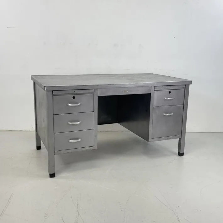 Pamono Vintage Art Metal Double Pedestal Polished Steel Desk Sale