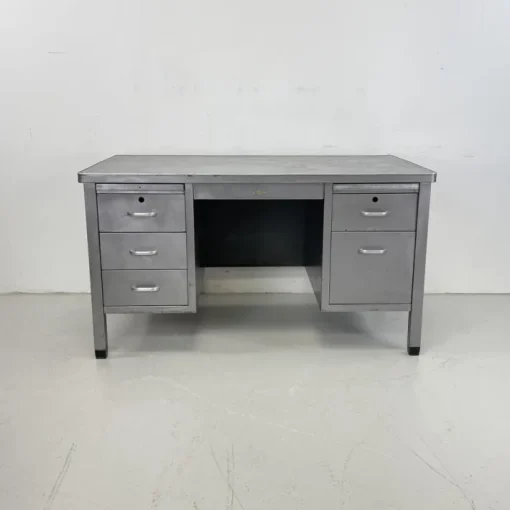 Pamono Vintage Art Metal Double Pedestal Polished Steel Desk Sale