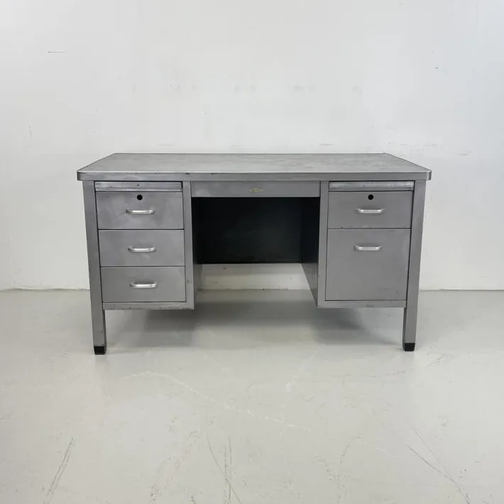 Pamono Vintage Art Metal Double Pedestal Polished Steel Desk Sale
