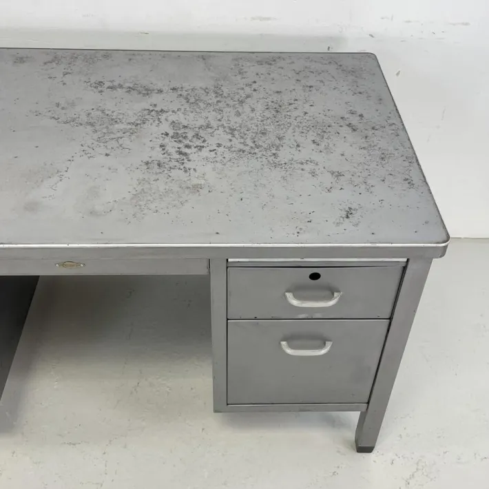 Pamono Vintage Art Metal Double Pedestal Polished Steel Desk Sale