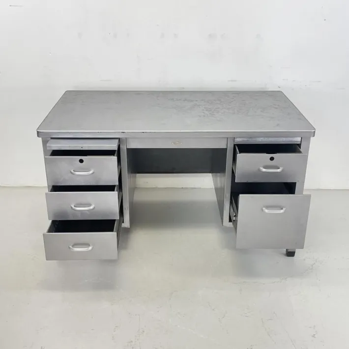Pamono Vintage Art Metal Double Pedestal Polished Steel Desk Sale
