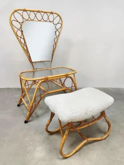 Pamono Vintage Bamboo Rattan Vanity Dressing Table & Stool, 1970s, Set of 2 New