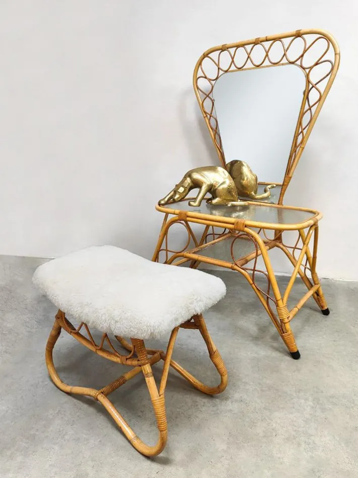 Pamono Vintage Bamboo Rattan Vanity Dressing Table & Stool, 1970s, Set of 2 New