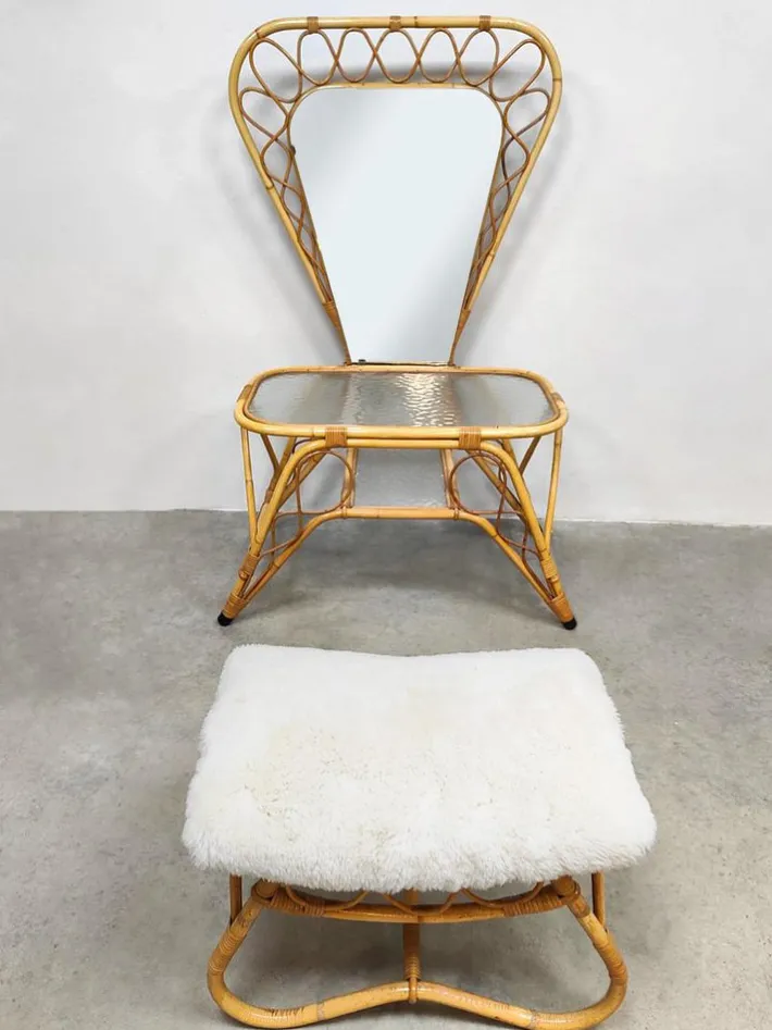 Pamono Vintage Bamboo Rattan Vanity Dressing Table & Stool, 1970s, Set of 2 New