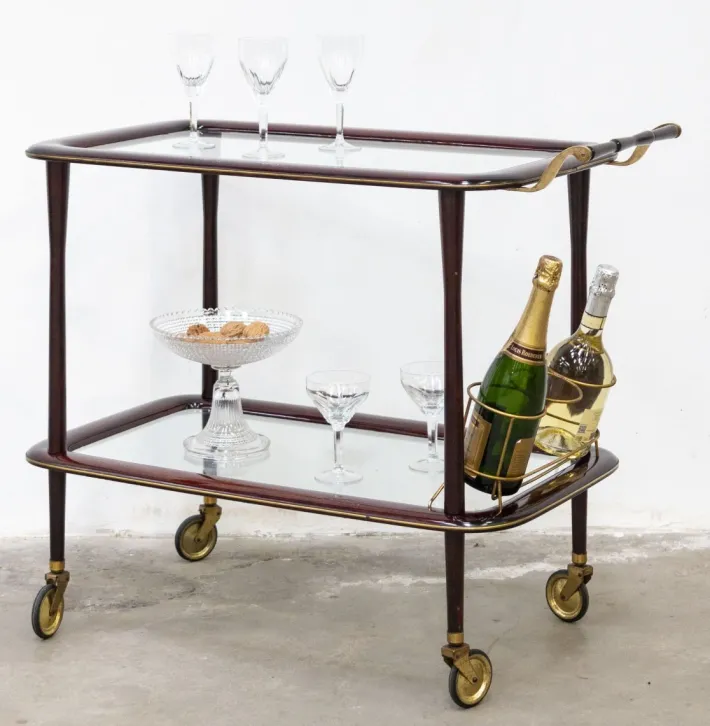 Pamono Vintage Bar Cart in Lacquered Wood and Brass, 1950s