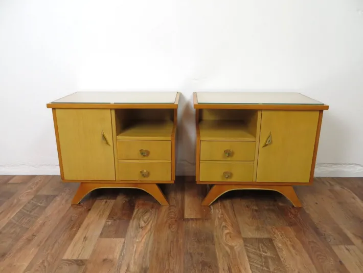 Pamono Vintage Bedside Tables with Drawers and Glass Top, 1950s, Set of 2 Clearance