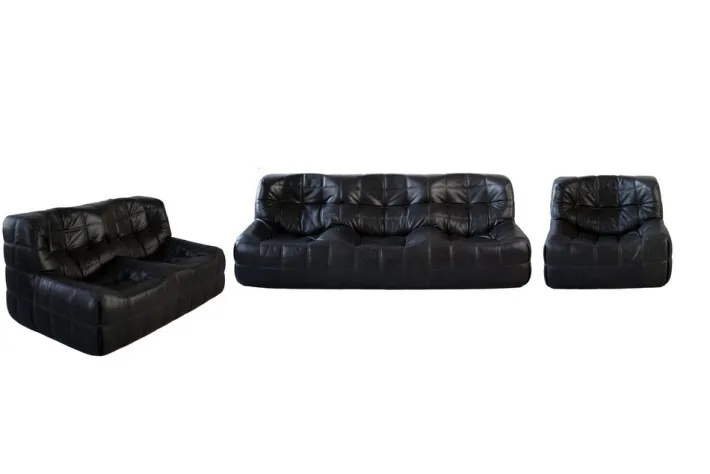 Pamono Vintage Black Leather Kashima Living Room Set by Michel Ducaroy for Ligne Roset, 1976, Set of 3 Clearance