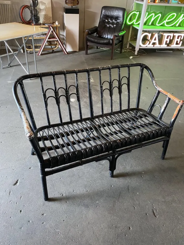 Pamono Vintage Black-Painted Rattan Bench Online