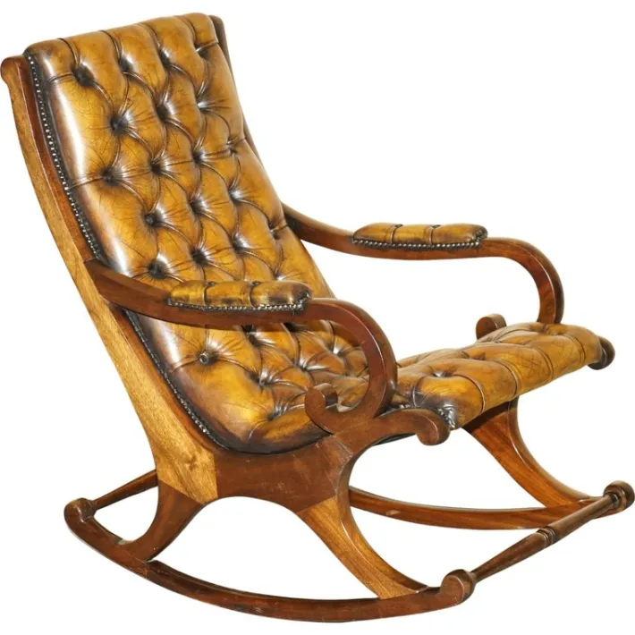 Pamono Vintage Brown Leather Chesterfield Rocking Armchair